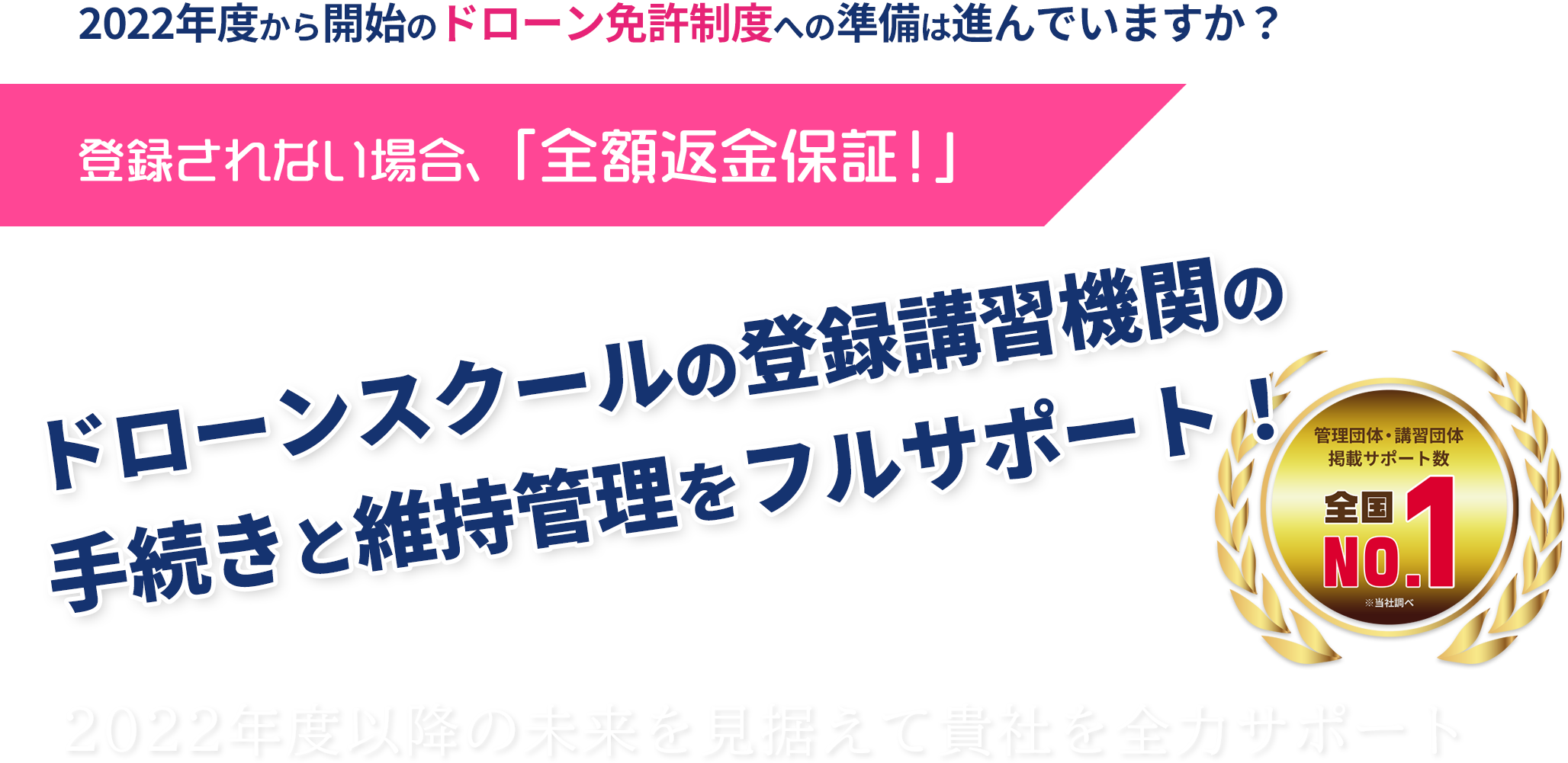 2022年度のドローン免許制度への準備は進んでいますか？掲載されない場合は全額返金保証！ドローンスクールの国土交通省航空局掲載手続きと維持管理をフルサポート！2022年度以降の未来を見据えて貴社を全力サポート。